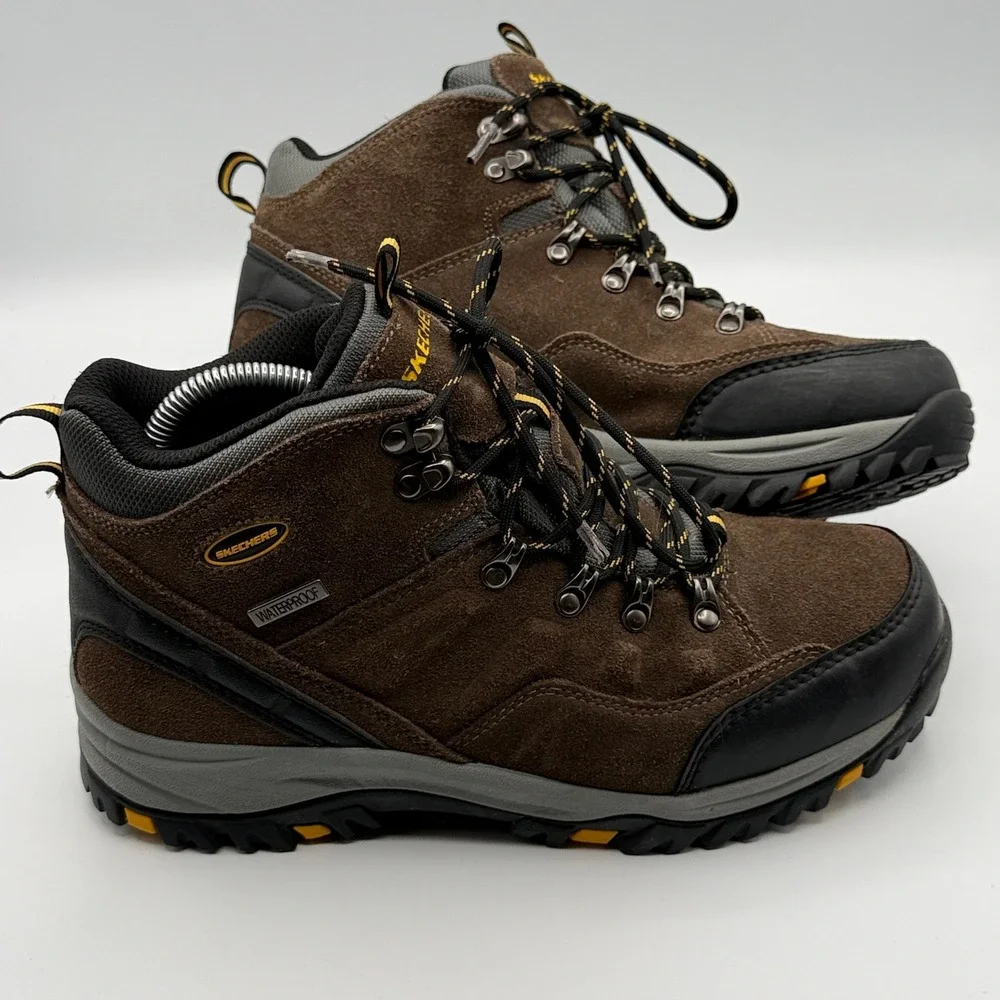 Skechers Hiking Boots Men 9 Brown Waterproof Suede Mid Top Trail Lug Sole